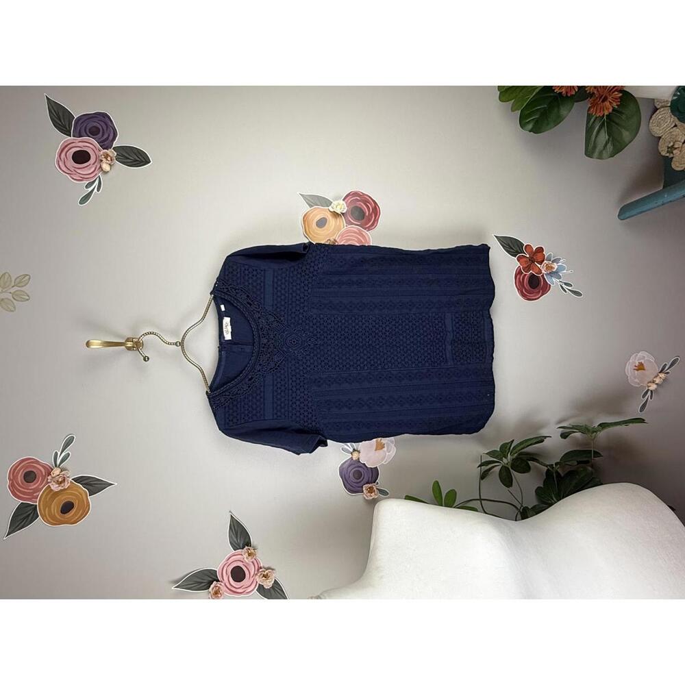Fat Face Navy Embroidered Button Back Sofia Broderie Tee - Size - 10